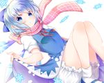  bloomers blue_eyes blue_hair bow cirno hair_bow ice ice_wings looking_at_viewer mashiro_aa neck_ribbon ribbon scarf short_hair snowflakes solo touhou underwear white_background wings 