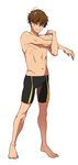  1boy adonis_belt barefoot brown_hair full_body high_speed! kirishima_natsuya looking_at_viewer male_focus megumi-square muscle red_eyes serizawa_nao short_hair simple_background smile solo swim_trunks topless white_background 