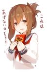  bad_id bad_pixiv_id brown_eyes brown_hair commentary_request flying_sweatdrops folded_ponytail food highres holding holding_food inazuma_(kantai_collection) kantai_collection meth_(emethmeth) neckerchief open_mouth pocky pocky_day school_uniform serafuku sleeves_past_wrists solo translated upper_body white_background 