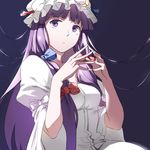 bangs blue_background blue_bow blue_ribbon blunt_bangs bow crescent crescent_hair_ornament dress hair_bow hair_ornament hair_ribbon hat hat_ribbon highres liu_chi_tiantang_fr long_hair mob_cap patchouli_knowledge puffy_sleeves purple_eyes purple_hair red_bow red_ribbon ribbon solo touhou tress_ribbon upper_body very_long_hair white_bow white_dress white_hat wide_sleeves 