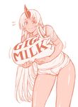  breasts clothes_writing dark_skin flying_sweatdrops gigantic_breasts horn kiyama_satoshi long_hair md5_mismatch mega_milk meme_attire monochrome monster_girl monster_musume_no_iru_nichijou ogre panties parody pointy_ears shirt sketch smile solo source_quote_parody t-shirt tionishia underwear very_long_hair 