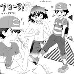  backpack bag baseball_cap capri_pants gen_1_pokemon greyscale hands_in_pockets hat male_focus male_swimwear mechanical_pencil monochrome multiple_views okonomi one_eye_closed pants pencil pikachu pokemon pokemon_(anime) pokemon_(creature) pokemon_sm_(anime) satoshi_(pokemon) shirt shoes smile sneakers swim_trunks swimsuit swimwear t-shirt triangle twitter_username wet z-ring 