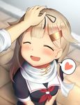  :d admiral_(kantai_collection) black_shirt blonde_hair blurry blurry_background blush closed_eyes depth_of_field eyebrows eyebrows_visible_through_hair hair_flaps hair_ornament hair_tie hairclip hands_together heart indoors kantai_collection long_hair looking_up maku_ro necktie open_mouth petting remodel_(kantai_collection) scarf shirt short_sleeves smile spoken_heart tiles white_shirt yuudachi_(kantai_collection) 