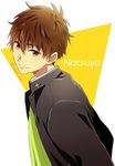  1boy azuki_66 brown_hair character_name gakuran high_speed! kirishima_natsuya looking_at_viewer male_focus open_mouth red_eyes short_hair simple_background smile solo twitter_username 