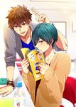  2boys azuki_66 bottle brothers brown_hair chair closed_mouth green_hair high_speed! kirishima_ikuya kirishima_natsuya looking_at_viewer magazine male_focus multiple_boys older open_mouth red_eyes short_hair sitting smile sweater v 