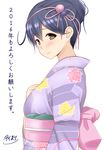  2016 alternate_hairstyle blush brown_eyes closed_mouth commentary_request diisuke floral_print folded_ponytail from_side hair_between_eyes hair_ornament hair_ribbon japanese_clothes kantai_collection kimono long_sleeves looking_at_viewer looking_to_the_side obi pink_ribbon ribbon sash short_hair smile solo translation_request upper_body ushio_(kantai_collection) white_background 