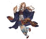  brown_eyes brown_hair fan floral_print folding_fan full_body granblue_fantasy hair_ornament japanese_clothes katalina_aryze kimono long_hair looking_at_viewer minaba_hideo obi official_art open_mouth petals sandals sash smile solo tabi transparent_background wide_sleeves 