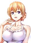  bangs blonde_hair blue_eyes braid breasts cleavage collarbone darjeeling duplicate frilled_swimsuit frills girls_und_panzer halterneck large_breasts looking_at_viewer one-piece_swimsuit parted_lips shirt short_hair simple_background smile solo swimsuit tied_hair twin_braids upper_body white_background white_swimsuit zucchini 