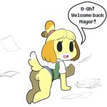  2016 all_fours animal_crossing anthro blush bottomless canine clothed clothing digital_media_(artwork) dog female hairband isabelle_(animal_crossing) itsunknownanon looking_at_viewer mammal nintendo presenting pussy simple_background solo text upskirt video_games 