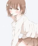  bare_shoulders blush brown_eyes brown_hair casual flower food hair_flower hair_ornament hiro_(hirohiro31) looking_at_viewer misaka_mikoto mouth_hold pocky short_hair simple_background skirt solo to_aru_majutsu_no_index 