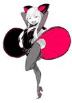  arms_behind_head dress electro_alice full_body headgear high_heels ken_(koala) leg_up long_hair looking_at_viewer monochrome open_mouth original red_eyes short_dress simple_background skin_tight smile solo spot_color white_background 