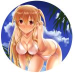  1girl alisa_reinford bikini blonde_hair blush cloud cloudy_sky eiyuu_densetsu eyebrows_visible_through_hair hair_between_eyes kagura_yuuto long_hair looking_at_viewer red_eyes sen_no_kiseki sky smile swimsuit 