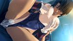  1girl black_hair blue_swimsuit blush breast_grab breasts breasts_apart breasts_outside censored closed_eyes clothed_sex crying cum cum_in_pussy drooling ejaculation eyebrows eyebrows_visible_through_hair female_ejaculation fingernails from_below game_cg grabbing happy_sex head_tilt hetero ichijo_akira indoors kurose_mari m&amp;m medium_breasts mosaic_censoring nipples non-web_source open_mouth orgasm out_of_frame penis pussy pussy_juice_stain saliva sex short_hair smile solo_focus spread_legs sweat swimsuit swimsuit_aside tan tanline tears tongue vaginal verethragna_seisen_no_duelist wet wet_clothes wet_swimsuit 