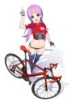  bangs bicycle bike_jersey blue_legwear blush clothes_writing commentary crop_top fingerless_gloves from_above gloves green_eyes ground_vehicle hitomi_kazuya long_hair looking_at_viewer looking_up low_twintails midriff navel open_mouth original purple_hair shoes simple_background smile sneakers solo thighhighs twintails 