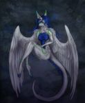  blue_eyes blue_hair cat dragon feathered_wings feathers feline female fur hair hybrid isvoc mammal nude smile solo white_feathers white_fur wide_hips wings 