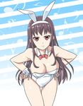  absurdres animal_ears aqua_(lostvap) bass_clef black_hair breasts bunny_ears bunny_girl bunnysuit cleavage cowboy_shot detached_collar eighth_note fake_animal_ears hairband hands_on_hips highres kasumigaoka_utaha large_breasts leaning_forward leotard long_hair looking_at_viewer musical_note quarter_note red_eyes saenai_heroine_no_sodatekata sixteenth_note smile solo thigh_gap wrist_cuffs 