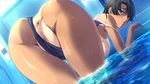  1girl all_fours anus ass black_hair breasts censored female game_cg huge_ass kurose_mari looking_back m&amp;m masturbation nipples one-piece_swimsuit pussy short_hair solo_focus sweat swimsuit swimsuit_aside tan tanline verethragna_seisen_no_duelist water 