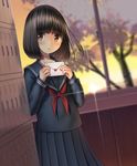  black_hair black_serafuku black_shirt black_skirt blurry blush brown_eyes brown_hair cherry_blossoms closed_mouth depth_of_field eyebrows eyebrows_visible_through_hair frown head_tilt heart highres holding_letter letter long_sleeves love_letter neckerchief original pleated_skirt sarekoube school_uniform serafuku shirt shoe_locker skirt solo sun sunset tree window 