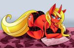  2016 ambris anthro blonde_hair bra breasts cleavage clothed clothing equine fan_character female hair horn lingerie mammal my_little_pony panties pillow pose scarlet_rose solo underwear unicorn 