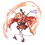  :d alternate_costume arms_up asymmetrical_wings bare_legs blonde_hair flandre_scarlet full_body furisode hair_between_eyes hat highres japanese_clothes kimono laevatein_(tail) looking_at_viewer mob_cap obi okobo open_mouth red_eyes sash shan short_hair short_kimono side_ponytail slit_pupils smile solo standing standing_on_one_leg sword tail thighs touhou v-shaped_eyebrows weapon white_legwear wide_sleeves wings 
