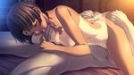  1boy 1girl ass ass_grab bed black_hair breasts censored female game_cg handjob happy_sex hetero kurose_mari lying m&amp;m masturbation night nipples nude oral penis short_hair smile solo_focus sweat tan tanline verethragna_seisen_no_duelist 