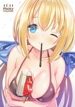  atori between_breasts bikini_top black_bikini_top blonde_hair blue_bow blue_eyes blush bow breast_hold breasts collarbone dated english food large_breasts long_hair looking_at_viewer mouth_hold one_eye_closed original pocky pocky_day pocky_kiss shared_food solo swimsuit upper_body 