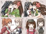  6+girls amagi_(kantai_collection) aquila_(kantai_collection) arm_grab armor bangs black_hair blonde_hair blue_eyes blush breasts brown_eyes brown_hair character_name cleavage_cutout commentary_request crop_top crossed_arms detached_sleeves eye_contact flat_chest flower food from_side furisode graf_zeppelin_(kantai_collection) hair_between_eyes hair_flower hair_ornament headgear hip_vent japanese_clothes kantai_collection katsuragi_(kantai_collection) kimono large_breasts long_hair looking_at_another midriff mole mole_under_eye mouth_hold multiple_girls orange_hair pocky pocky_day pocky_kiss ponytail remodel_(kantai_collection) ryuujou_(kantai_collection) shared_food short_sleeves spoken_ellipsis swept_bangs taihou_(kantai_collection) tatsumi_ray translated twintails upper_body visor_cap wavy_hair yuri 