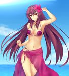  bikini breasts cleavage fate/grand_order fate_(series) flower hair_flower hair_ornament hibiscus highres kiu_9 large_breasts long_hair midriff navel o-ring o-ring_bikini o-ring_top ocean purple_bikini purple_hair purple_sarong red_eyes sarong scathach_(fate)_(all) scathach_(swimsuit_assassin)_(fate) solo swimsuit very_long_hair 