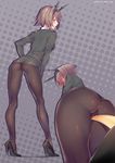  alternate_costume ass black_footwear black_jacket black_panties blush brown_hair cameltoe embarrassed failure_penguin from_behind from_below full-face_blush green_eyes green_skirt grey_background headgear high_heels highres jacket kantai_collection leaning_forward legs legs_together light_smile lips looking_at_viewer looking_back looking_to_the_side miniskirt multiple_views mutsu_(kantai_collection) obiwan office_lady open_mouth panties panties_under_pantyhose pantyhose parted_lips profile shiny shiny_hair shiny_skin shirt shoes short_hair skirt twitter_username underwear white_shirt 