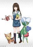  1girl apron black_hair black_skirt black_socks brown_footwear closed_mouth commentary_request employee_uniform full_body green_eyes highres holding idolmaster idolmaster_cinderella_girls lillipup long_hair looking_at_viewer makamati miniskirt pokemon pokemon_(creature) roserade shibuya_rin shoes skirt sleeves_rolled_up smile socks standing sunkern twitter_username uniform watering_can 