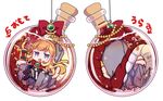  blonde_hair book boots bottle bow brooch cagliostro_(granblue_fantasy) chibi christmas_tree closed_eyes commentary crossed_legs dragon dress granblue_fantasy in_bottle in_container jewelry long_hair looking_at_viewer mikagami_hiyori open_mouth ouroboros_(granblue_fantasy) purple_eyes sitting smile tail throne translated white_background 