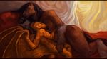  2016 4_breasts anthro areola black_hair black_tail breasts brown_fur brown_nipples crest cuddling digital_media_(artwork) digital_painting_(artwork) dragon duo equine eyes_closed feathering female fin fur hair hand_on_breast hand_on_thigh head_fin horse lactating larger_female letterbox lying male male/female mammal membranous_wings milk multi_breast nipples nude on_side oouna scales scalie signature size_difference sleeping smaller_male wings yellow_scales 