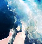  air_bubble aspara bare_legs barefoot blue blue_sky bubble cloud female_pov flower highres legs_apart night night_sky ocean original out_of_frame pov rose sky solo standing star_(sky) surreal thorns wading water water_surface waves white_flower white_rose 