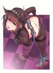  anchor_symbol antenna_hair ass bangs bent_over between_breasts blue_skirt blunt_bangs blush boots breasts brown_hair brown_legwear checkered checkered_floor clothes_writing covered_nipples crotch_seam from_above full_body green_eyes grey_footwear hairband hand_between_breasts hatsuzuki_(kantai_collection) high_heel_boots high_heels kantai_collection knee_boots legs_apart looking_at_viewer looking_up midriff miniskirt panties panties_under_pantyhose pantyhose pantyhose_pull pleated_skirt pulled_by_self reflection shirt short_hair skirt skirt_lift solo standing taut_clothes taut_shirt thighband_pantyhose thong underwear undressing white_panties yuuji_(and) 