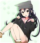  animal_hat beanie black_hair black_sweater boots brown_eyes cat_hat grey_hat hair_down hat hood hooded_sweater hoodie k-on! kisuke_(akutamu) long_hair nakano_azusa paw_pose pillow_hat solo sweater 