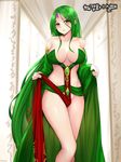  breasts clothes_lift covered_nipples dress dungeon_and_fighter female_gunner_(dungeon_and_fighter) forehead_jewel green_dress green_hair large_breasts long_hair looking_at_viewer parted_lips red_eyes shaojiang solo very_long_hair wide_sleeves 