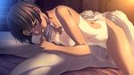  1boy 1girl ass ass_grab bed black_hair breasts censored cum female game_cg handjob happy_sex hetero kurose_mari lying m&amp;m masturbation night nipples nude oral penis short_hair smile solo_focus sweat tan tanline verethragna_seisen_no_duelist 