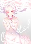 breasts collarbone dress elbow_gloves floating_hair flower giuniu gloves highres holding holding_flower long_hair original pink_flower red_eyes silver_hair small_breasts smile solo wedding_dress white_dress white_gloves 