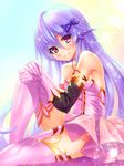  blue_bow blue_hair bow collarbone detached_sleeves dress eyebrows eyebrows_visible_through_hair gloves hair_between_eyes hair_bow hands_on_own_knee highres long_hair looking_at_viewer pink_dress pink_gloves pink_legwear red_eyes shinki_kakusei_melty_maiden sitting smile solo strapless strapless_dress thighhighs yanagiya_hajime 
