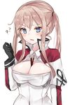  ? between_breasts black_gloves blonde_hair blue_eyes blush breasts capelet chiune_(yachi) cleavage_cutout commentary_request food gloves graf_zeppelin_(kantai_collection) kantai_collection pocky pocky_day sidelocks simple_background solo twintails upper_body white_background white_capelet wince 