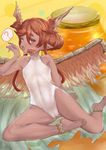  ? alternate_costume anklet arms_behind_back ass_visible_through_thighs bad_feet bad_id bad_pixiv_id bangs bare_arms bare_legs barefoot bird_wings blush cameltoe collarbone covered_navel dark_skin eyebrows eyebrows_visible_through_hair eyes_visible_through_hair facial_mark feathered_wings feet flat_chest garuda_(granblue_fantasy) granblue_fantasy hair_between_eyes head_wings highres honey jar jewelry leotard mathiamo13 open_mouth orange_eyes orange_hair pointy_ears short_hair short_hair_with_long_locks sidelocks sitting solo suggestive_fluid teeth thick_eyebrows toes tongue tongue_out white_leotard wings yokozuwari 