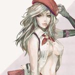  alisa_ilinichina_amiella bad_id bad_pixiv_id black_gloves breasts cabbie_hat elbow_gloves fingerless_gloves gloves god_eater god_eater_2:_rage_burst green_eyes hat large_breasts long_hair looking_at_viewer nvalkyrja realistic silver_hair skirt solo suspender_skirt suspenders underboob 