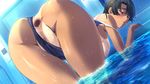  1girl all_fours anus ass black_hair breasts censored cum female game_cg huge_ass kurose_mari m&amp;m nipples one-piece_swimsuit pussy pussy_juice short_hair solo_focus spread_anus sweat swimsuit swimsuit_aside tan tanline verethragna_seisen_no_duelist water 