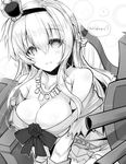  ai_takurou braid breasts cannon cleavage crown dress engrish french_braid greyscale hairband jewelry kantai_collection long_hair looking_at_viewer machinery medium_breasts mini_crown monochrome necklace off-shoulder_dress off_shoulder parted_lips ranguage ribbon smile solo throne warspite_(kantai_collection) 