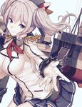  akasaai blue_eyes commentary_request epaulettes gloves highres kantai_collection kashima_(kantai_collection) long_hair long_sleeves looking_at_viewer machinery neckerchief pleated_skirt reaching silver_hair skirt smile solo two_side_up white_background 