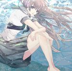  alicetype barefoot brown_hair bubble highres long_hair looking_at_viewer original pleated_skirt purple_eyes school_uniform serafuku shirt skirt solo underwater white_shirt 