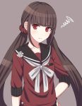  1girl azami194 bangs black_hair blunt_bangs blush breasts closed_mouth collarbone commentary_request danganronpa eyebrows_visible_through_hair flower grey_background hair_ornament harukawa_maki long_hair looking_to_the_side low_twintails mole mole_under_eye new_danganronpa_v3 open_eyes red_eyes red_scrunchie red_shirt school_uniform scrunchie serafuku shirt short_sleeves simple_background small_breasts solo twintails upper_body 