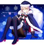  absurdres artoria_pendragon_(all) black_gloves black_legwear blonde_hair blue_dress blue_footwear boots breasts christmas dress fate/stay_night fate_(series) fur-trimmed_boots fur_trim fuyuki_(neigedhiver) gloves hat highres looking_at_viewer merry_christmas pantyhose red_hat ribbon sack santa_alter santa_hat short_hair small_breasts snowflakes solo striped striped_ribbon thigh_boots thighhighs yellow_eyes 