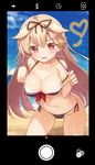  bangs bare_shoulders beach bikini black_bikini black_ribbon black_skirt blonde_hair blue_sky blush braid breasts cleavage cloud collarbone day front-tie_top hair_flaps hair_ornament hair_ribbon hairclip highres kantai_collection kneeling large_breasts leaning_forward long_hair looking_at_viewer messy_hair naughty_face navel ocean outdoors phone_screen pleated_skirt red_eyes remodel_(kantai_collection) ribbon rokuroku_(xd_p) sailor_bikini sailor_collar side-tie_bikini single_braid skirt sky smile solo strap_pull swimsuit tongue tongue_out water yuudachi_(kantai_collection) 