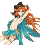  arm_up armpits bikini_top blue_eyes blue_skirt bow cape chikuwa_(majihima) closed_mouth eyebrows eyebrows_visible_through_hair flower front-tie_bikini front-tie_top granblue_fantasy groin hair_flower hair_ornament hairband leaf long_hair looking_away miniskirt navel orange_hair sara_(granblue_fantasy) simple_background skirt smile solo thigh_strap white_background white_bow 
